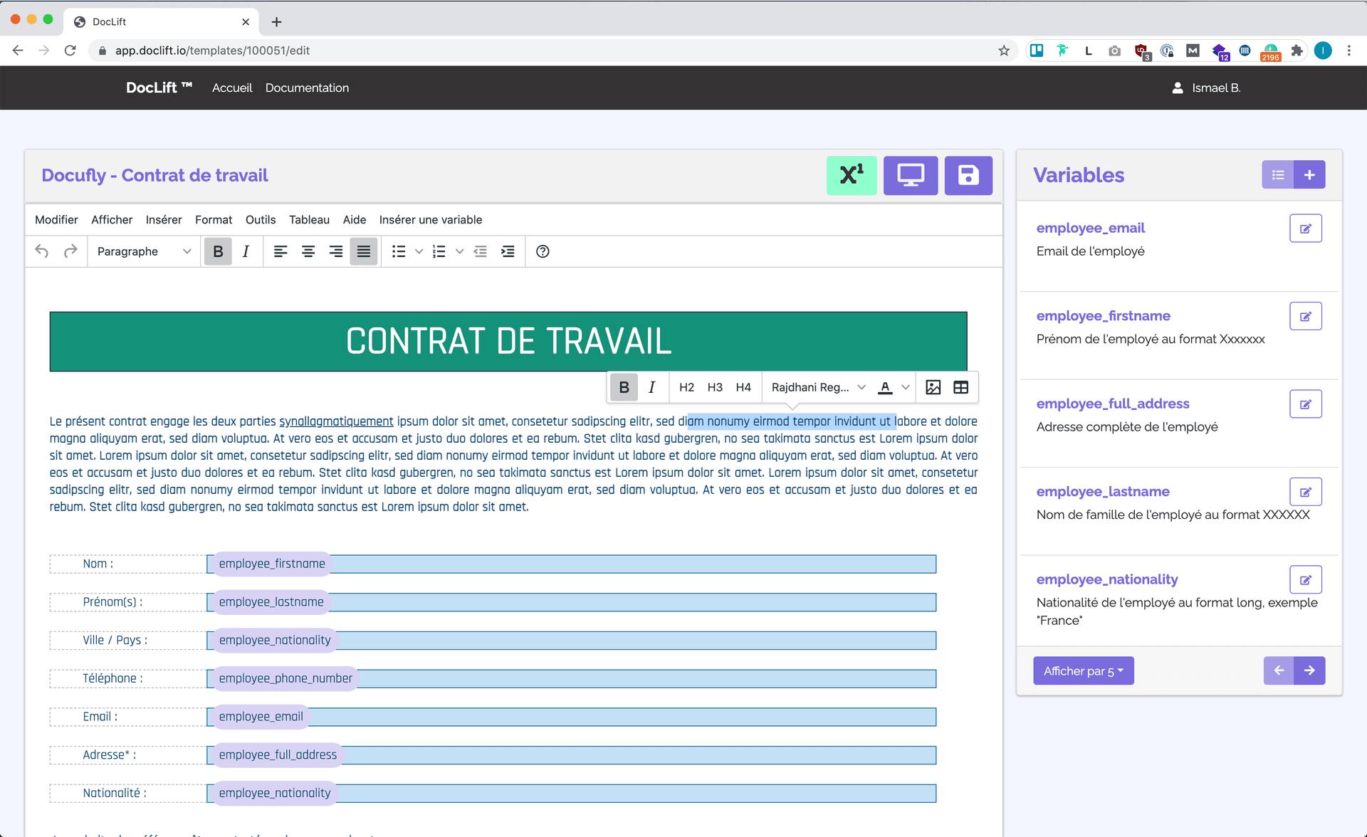 Capture d'écran de l'éditeur en ligne de Doclift.