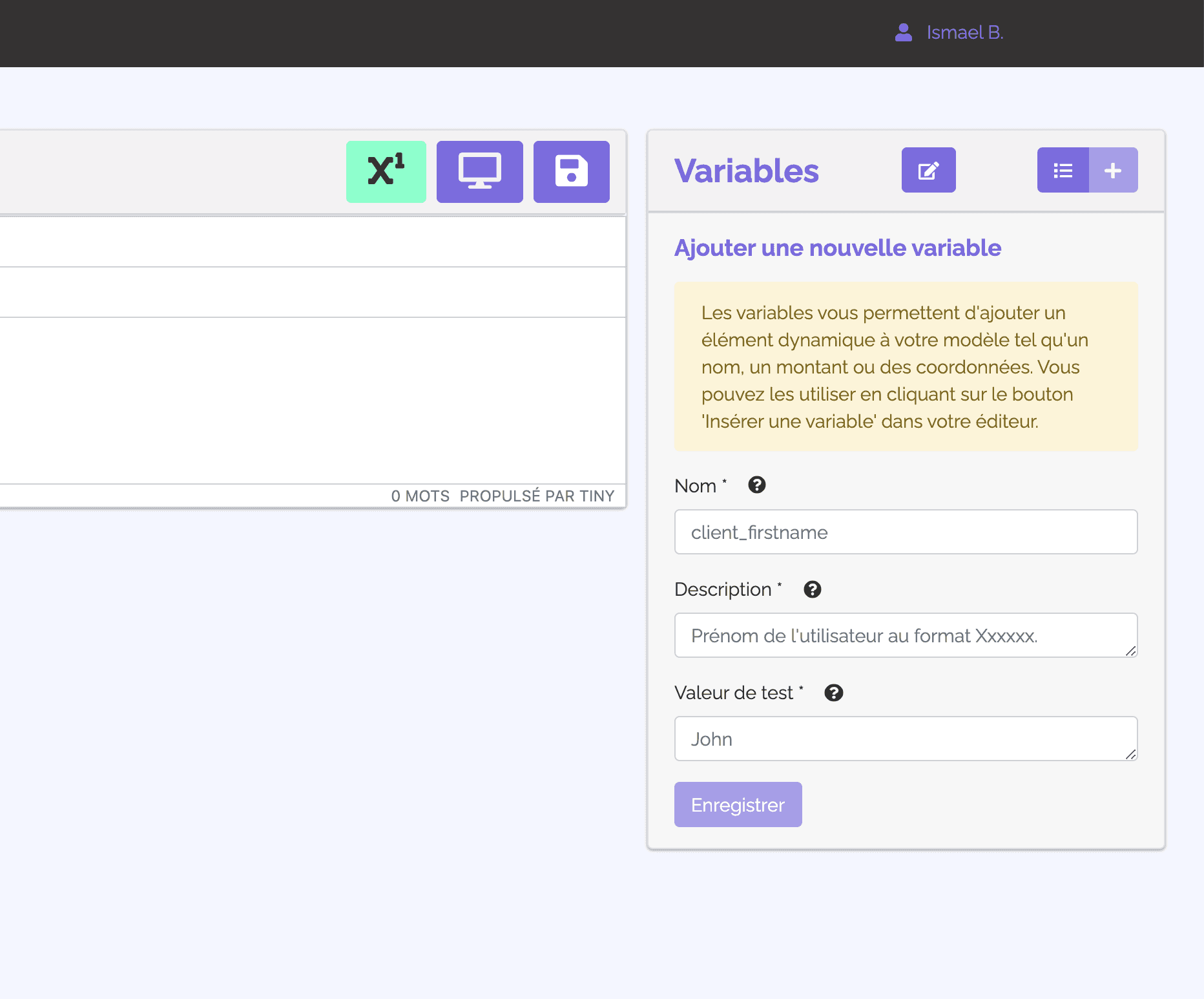 Capture d'écran du menu variables dans l'éditeur de modèle de PDF de Doclift