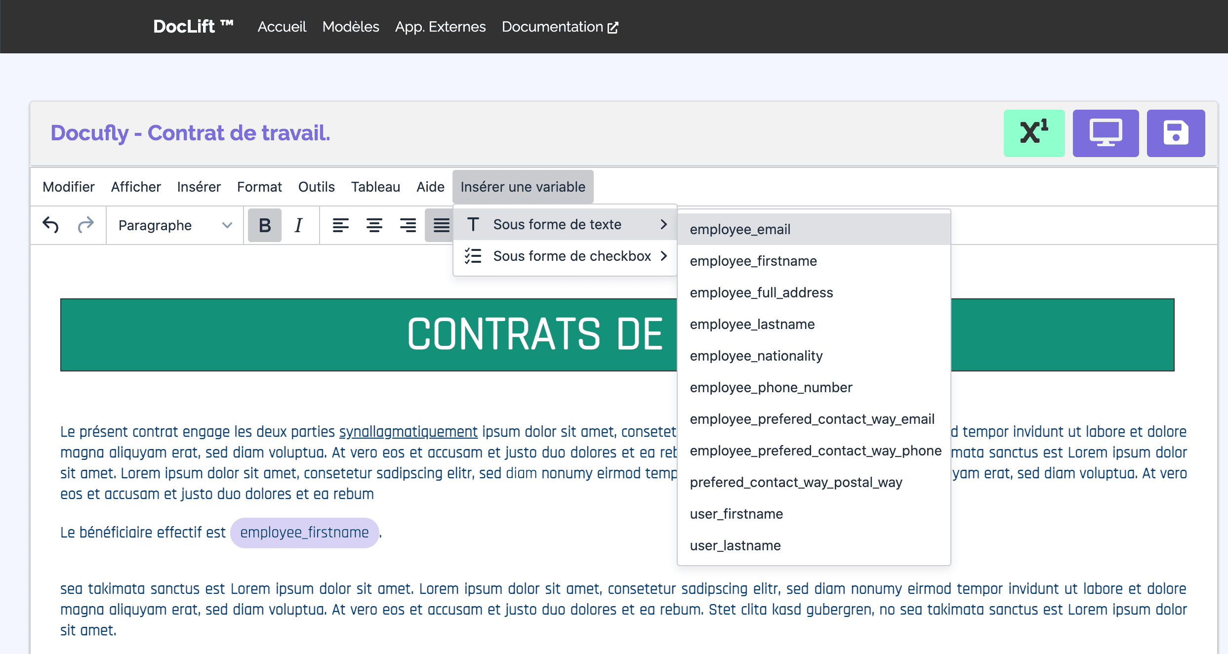 Capture d'écran de l'ajout d'une variable dans un modèle de PDF de Doclift